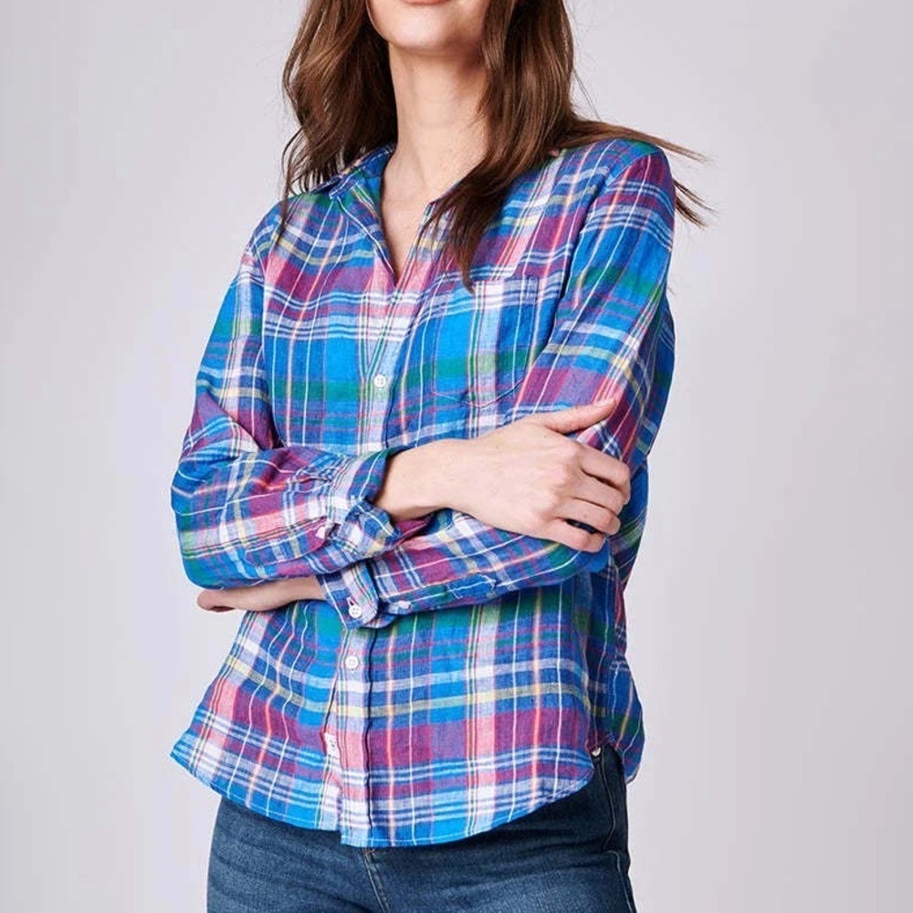 Frank & Eileen Eileen Linen Relaxed Button-Up Shirt Blue/Pink Plaid New Size XS